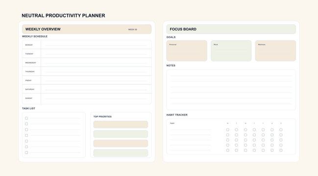 Neutral Productivity Planner Weekly Template Layout. Minimal productivity planner template with weekly schedule, task list, priorities, focus board, goals, notes. Blank template planner. Vector mockup