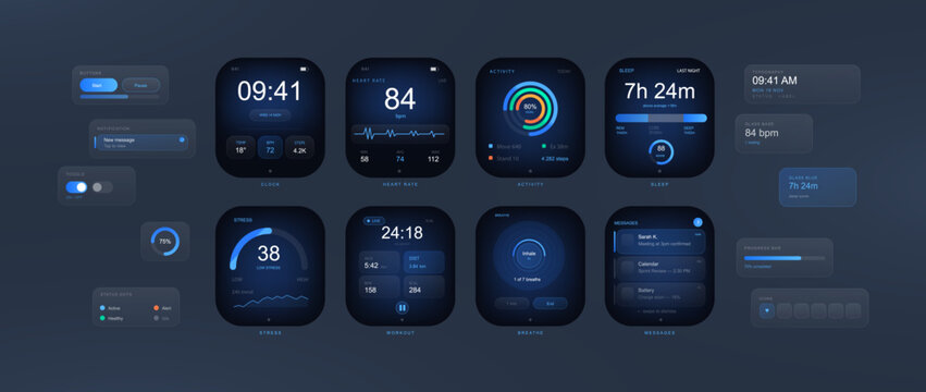 Smartwatch App UI Kit with Health and Fitness Screens. Dark smartwatch app interface kit showing clock, heart rate, activity, sleep, stress, workout, breathing, messages, notifications. Vector UI, UX