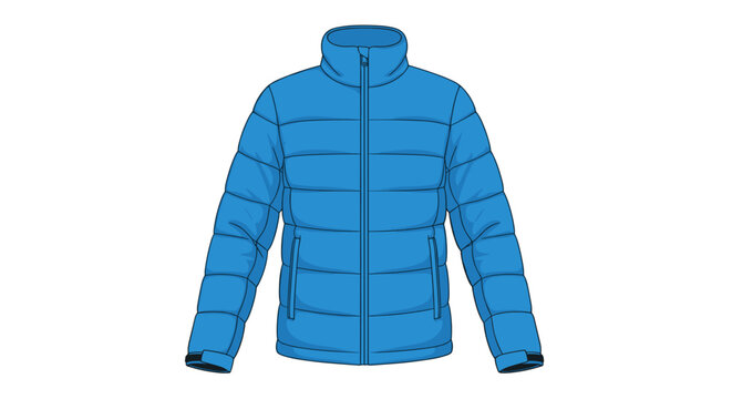 Illustration of a blue ski jacket with a front zipped closure, featuring a padded design and high collar on a white background