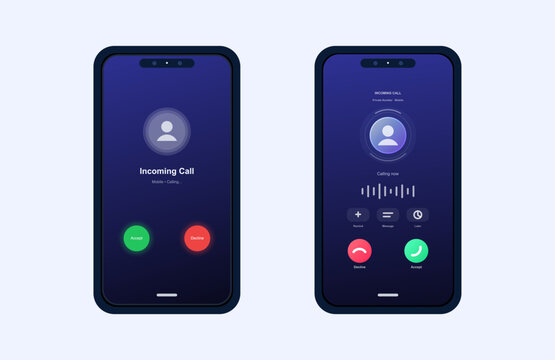 Incoming Call Mobile App UI Screens. Mobile phone interface mockup with incoming call screens, caller avatar, accept and decline buttons, audio wave. Vector call screens