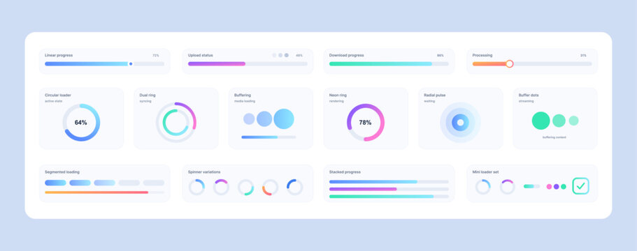 Progress Loading Indicators UI Kit Template. Clean UI kit showing progress bars, circular loaders, spinners, rings, buffering dots, upload and download status, sliders for app, ui, ux. Vector set