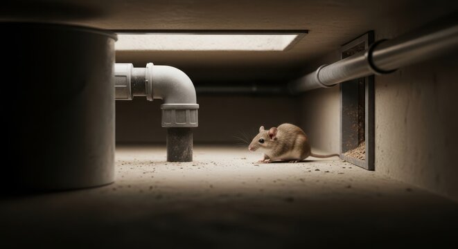 Small mouse scurrying under pipe in dark basement area rodent infestation hantavirus danger potential exposure indoors signs of pests.