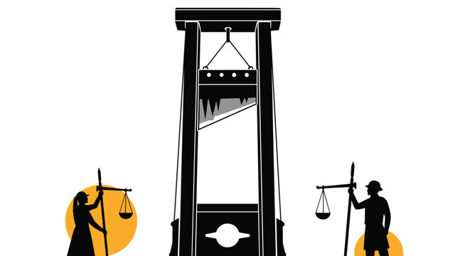 Silhouette of a large guillotine flanked by figures holding scales of justice representing legal punishment concepts.