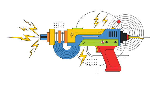 Futuristic ray gun toy shooting yellow energy bolts surrounded by abstract geometric shapes and patterns in flat style.