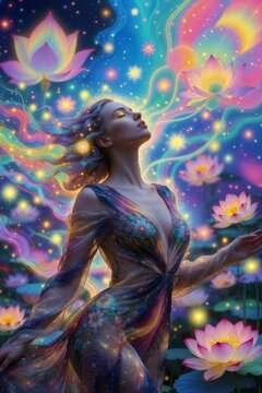 Ritratto di fantasia mistica di una donna eterea in meditazione tra fiori di loto cosmici e flussi di energia luminosa