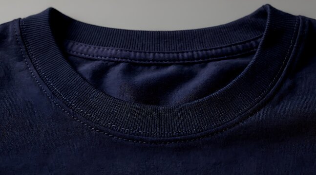 Close-up of a dark blue t-shirt collar, showcasing fabric texture and design details.