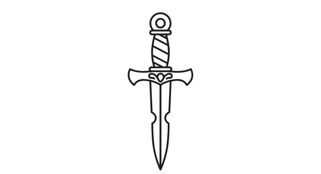 Minimalist black and white line art illustration of a medieval dagger with a decorative hilt and pointed sharp blade.