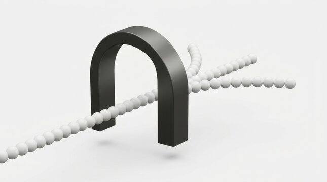 A 3D minimalist graphic showing a stream of uniform particles being redirected by a curved gate, symbolizing efficient data routing, traffic management, and orderly information flow.