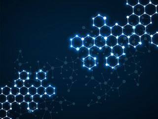 Fototapeta premium Abstract hexagonal molecules, glowing molecular structure of DNA. Technology background and science design