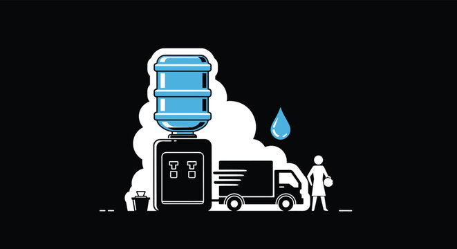 Integrated graphic showing a large water cooler dispenser next to a fast delivery truck and a female customer figure.