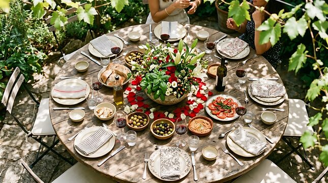 Elegant Al Fresco Mediterranean Lunch Table Set in Garden