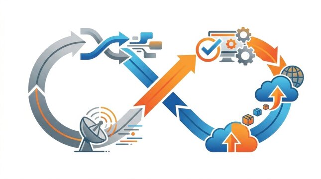 A cyclical infographic representing the DevOps lifecycle, including automation, development, deployment, and cloud integration for continuous software improvement.