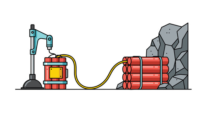 Red dynamite sticks with a yellow fuse connected to a vintage plunger detonator placed against a dark rocky cave wall.