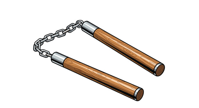 Nunchaku martial arts weapon featuring wooden handles and metal chain links isolated on a white background for training.