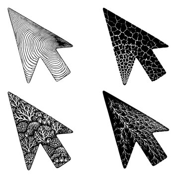 Abstract Mouse Cursor Collection with Organic Line Art, Cellular Texture, Coral Pattern and Lightning Branch Vector Set