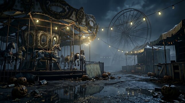 Eerie abandoned carnival at night, illuminated by strings of lights with a ferris wheel and carousel