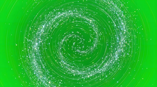 Green spiral background, swirling white particles, abstract motion effect, dynamic texture