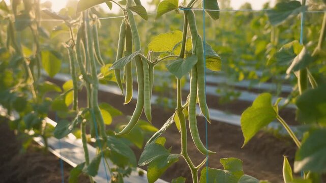 Green bean plants growing in a field at sunset with sunlight filtering through leaves