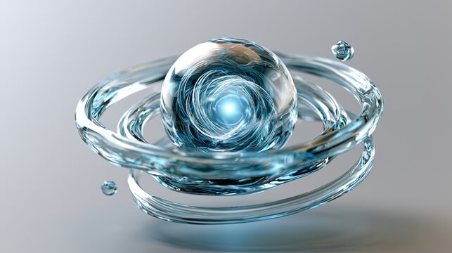 Central glowing core surrounded by synchronized orbiting glass rings.