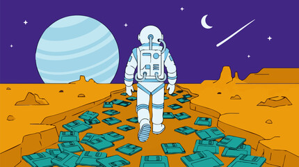 Astronaut on alien planet walks path of vintage floppy disks, exploration © Siamart