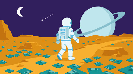 Astronaut on alien planet covered in floppy disks, retro tech space exploration © Siamart