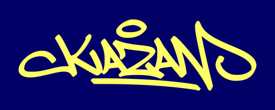 Yellow Kazan city tag typography graphic displaying unique hand drawn urban graffiti lettering style for alternative youth culture streetwear clothing brand apparel merchandise clip art.