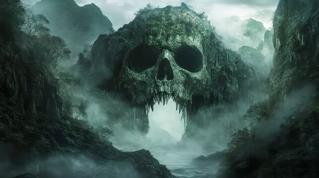 A mysterious landscape featuring a giant skull-shaped rock covered in foliage and mist.