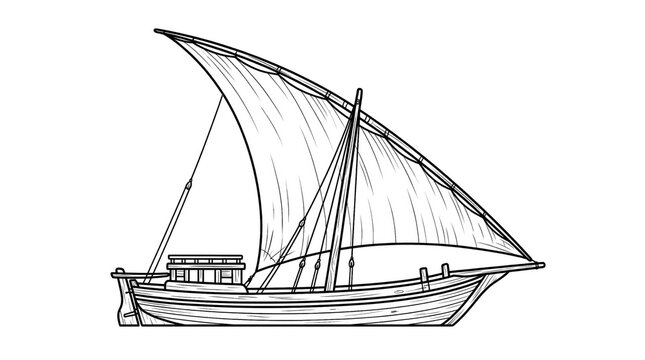 Traditional Dhow Sailing Boat Line Art Coloring Page with Large Lateen Sail
