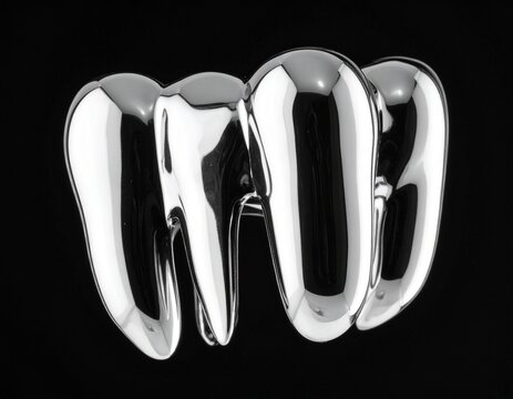 Photorealistic abstract tooth sculpture made of liquid chrome with glossy enamel finish on black background for dental and technology concepts