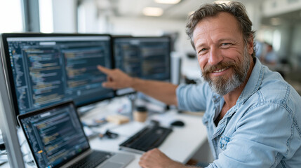 Fototapeta premium Smiling Coder at Work: A middle-aged man with a beard, dressed casually, smiles at the camera while pointing at a computer screen filled with code, sitting in a modern office environment.