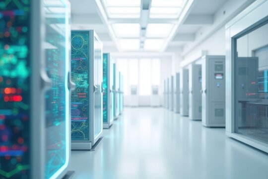 Futuristic high tech data center with rows of glowing server racks
