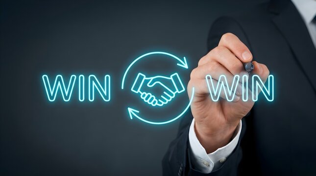 Businessman illustrating a glowing 'Win-Win' concept for successful collaboration strategy