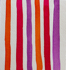 Fototapeta premium Bright orange, pink, and purple vertical painted stripes on white paper texture