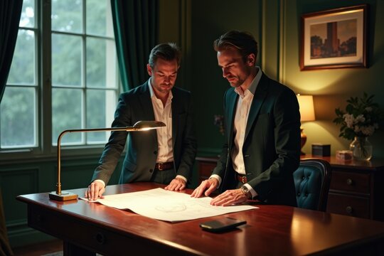 Two businessmen in suits examining blueprints on desk in traditional office