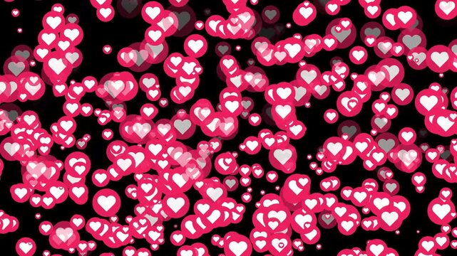 Love hearts particle flying cinematic animation on black background. Live streaming in love happy reaction video footage template. 4K video