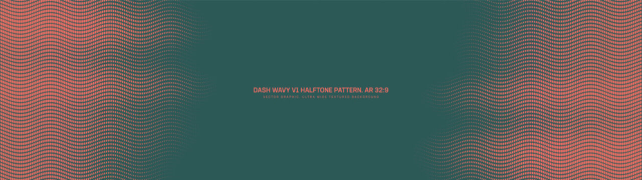 Dashed wavy lines grid halftone pattern dynamic fluid frame ultra wide 32:9 aspect ratio red dark green vector abstract background. Half tone ultrawide centered composition layout for digital projects