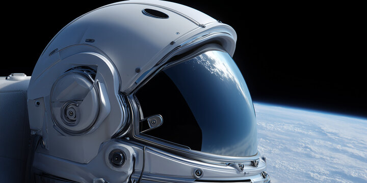 close up of sleek white astronaut helmet with reflective blue visor showing clear earth planet reflection in space