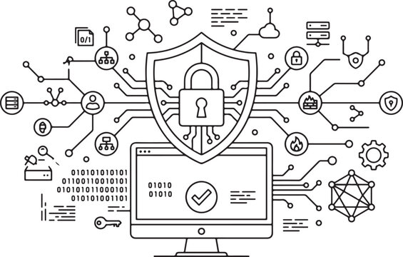 Cyber Security Protection Outline Vector Illustration &ndash; Data Privacy Technology Concept