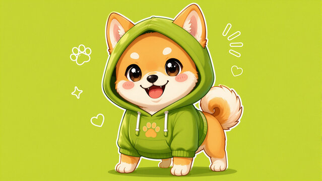Cute Shiba Inu dog wearing a green frog hoodie sweatshirt