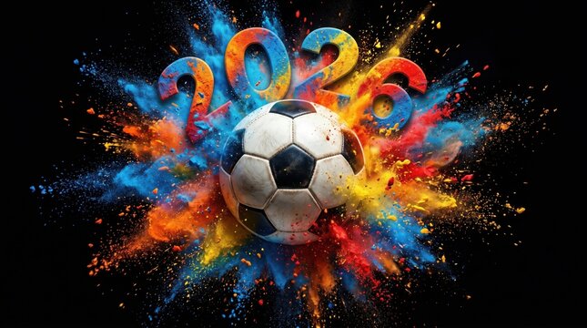 Colorful explosion surrounds soccer ball and year 2026 numerals
