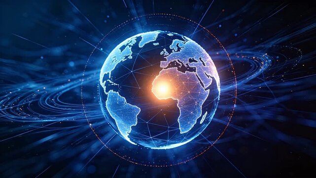 Digital earth globe with network lines and glowing particles on dark background