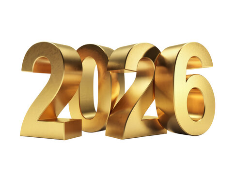 Golden 3D numbers 2026, isolated on transparent background