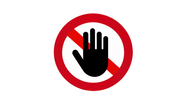 Black hand symbol within red prohibition circle, isolated on transparent background