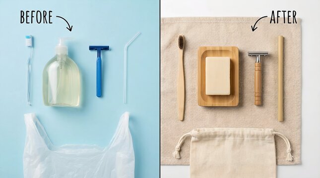 Before and after comparison of plastic products replaced with eco-friendly alternatives for personal hygiene. The left side shows plastic toothbrush, liquid soap in plastic bottle, disposable razor.