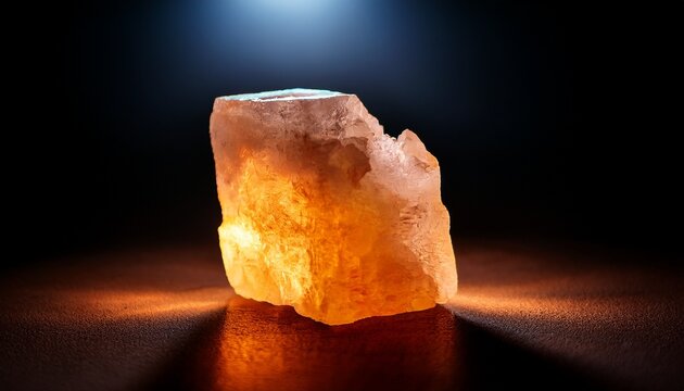 Illuminated Block Of Crystal Salt Emitting Warm Light In Dark Setting