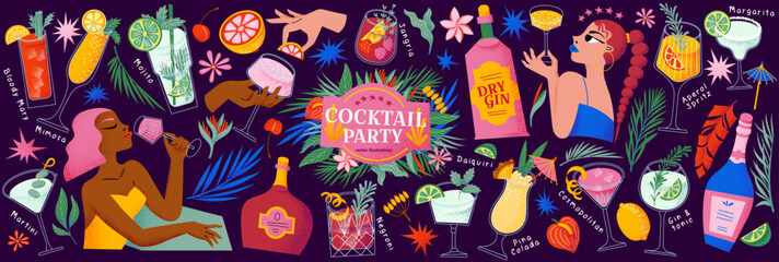 Naklejka na ściany i meble Cocktail party. Vector illustration of popular drinks in glasses: martini, bloody mary, mimosa, negroni, sangria, daiquiri, pina colada, gin and tonic, aperol spitz, bottles, and stylish women.