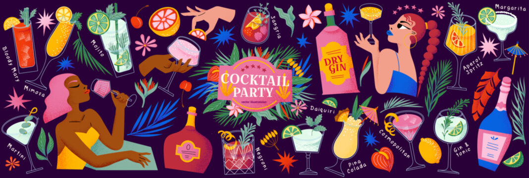 Cocktail party. Vector illustration of popular drinks in glasses: martini, bloody mary, mimosa, negroni, sangria, daiquiri, pina colada, gin and tonic, aperol spitz, bottles, and stylish women.