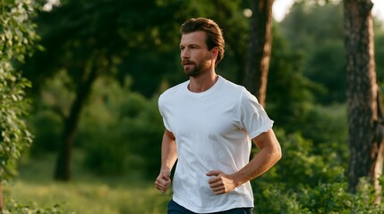 Fototapeta premium A man is captured running through a lush green park embodying active health and freedom in a natural setting