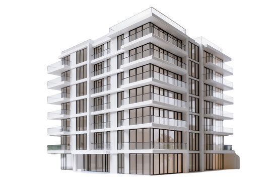 Modern white apartment building with glass balconies, isolated on transparent background