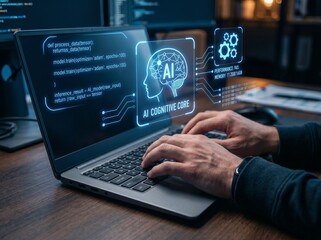 Fototapeta premium AI coding tool. Assisting software development and automating tasks. Programmer using AI to generate code for creating applications on laptop.